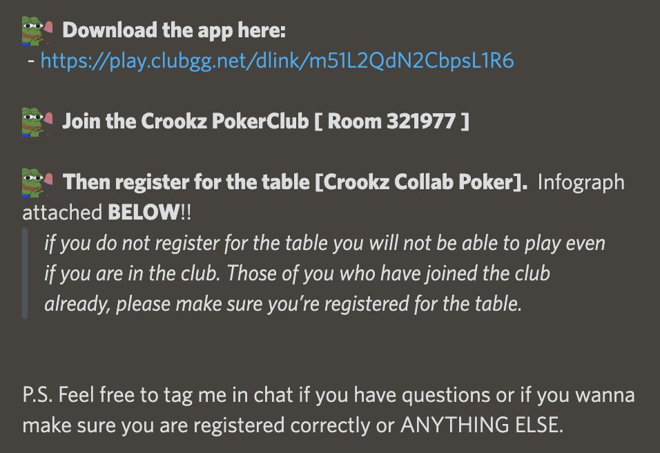 AunySillyMe's tweet photo. #CROOKZNATION!! THE DAY IS HERE!

WE ARE COMPETING AGAINST 14 OTHER #NFT PROJECTS IN THE BIGGEST COMMUNITY #POKER TOURNAMENT! 

GIVING AWAY OVER 0.5ETH IN PRIZES!🚨

You have to just bring your poker face and be a holder of one of the participating projects! Details in discord♦️ https://t.co/idrrhxh5He