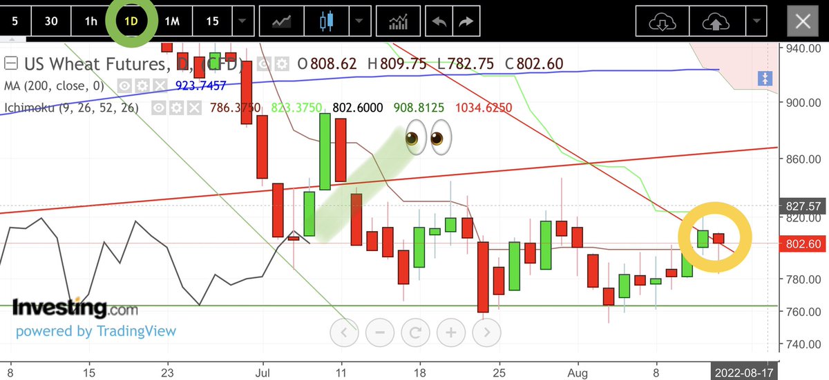 ArnaudLisle's tweet image. 🇺🇸#wheat FUT Dly: (-1.60%)
Next Monday the #LaggingSpan (black curve) which must always have a clear path to let prices through will be able to free itself from the candles that have been blocking it for the past 3 days.

In Weekly #Harami posed on top of the cloud 😃.

#cereals