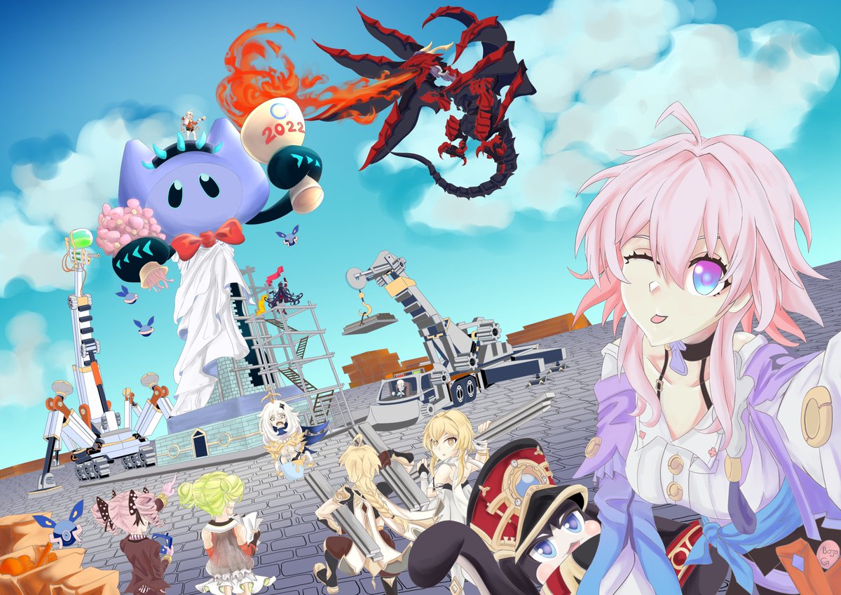 BojoGangster's tweet photo. Bulding the Statue of Mimo
2022 creativity Fanart
Everyone is working hard except for those who take selfies :) 
https://t.co/f23JFfaIvw
#HoYoLAB #march7th #lumine_genshin_impact #aether #raidenmei #bronya #kianakaslana  #paimon https://t.co/9NLRJ9yJf3