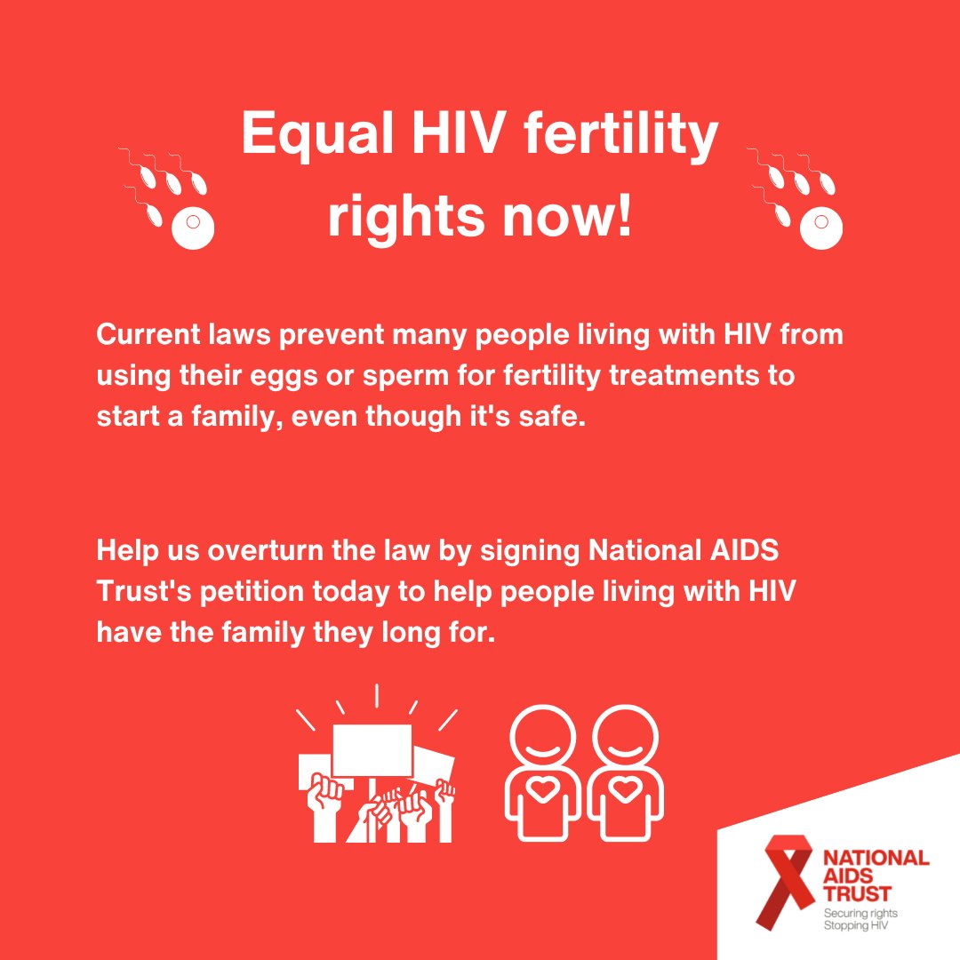 LGBT people living with HIV can't use fertility treatment to start a family. Modern treatment for HIV means it is perfectly safe. But the law is out of date. We're joining <a href="/NAT_AIDS_Trust/">National AIDS Trust</a> to challenge this. #EqualHIVFertilityRightsNow  Sign the petition: 
nat.org.uk/equal-hiv-fert…