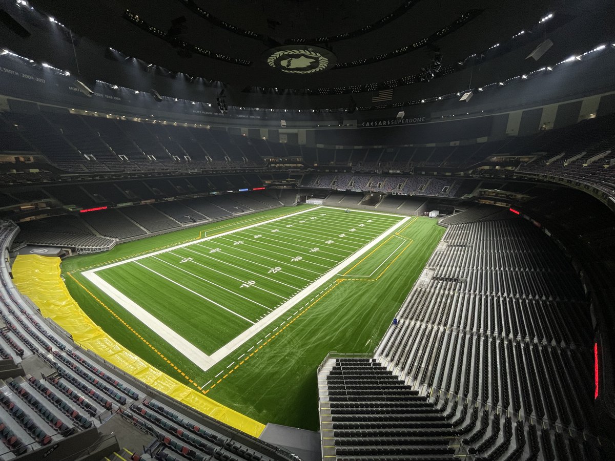 CaesarsDome's tweet photo. Our turf field is fully installed, and just in time - there are only two weeks left until the @Saints kick off our 2022-2023 @NFL season against the @chargers on Friday, Aug. 26! Next up: field goals and paint. Check back next week for a progress update. #FieldShotFriday https://t.co/YiK1ysBa4Y