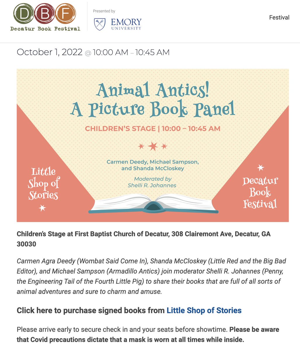 ShandaMcCloskey's tweet photo. I'm pumped to talk kids books with Carmen Agra Deedy, Michael Sampson, and @srjohannes Wells at the #DecaturBookFestival on October 1st!
Info: https://t.co/vqAak1UAxS
I hope to see some familiar faces and meet new folks too! Please come and bring the family! @DecaturBookFest https://t.co/2sdJtVJeNJ