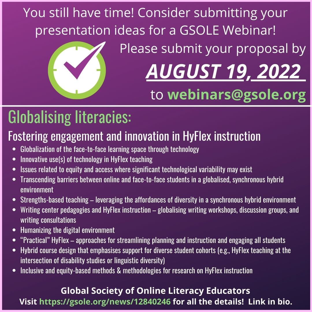 gsoleducators's tweet photo. Have an idea for a #GSOLE webinar?  Consider submitting your proposal now! You have until August 19, 2022 to get those submissions in to webinars@gsole.org !  All the details are in the link below and don't forget to hit that follow button!  https://t.co/7KGW0IBv1T https://t.co/Exuzd9Eoac