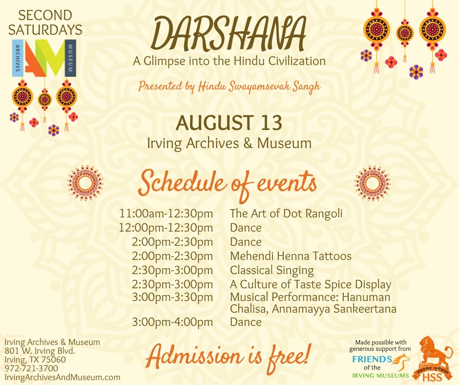 iamirvingtx's tweet photo. Join us and Hindu Swayamsevak Sangh tomorrow, August 13, for a day full of fantastic events for #SecondSaturdays! Admission is FREE! https://t.co/AS7mAkoRYB