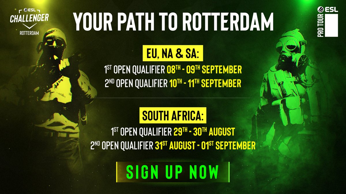 Your path to #ESLChallenger Rotterdam starts HERE 🇳🇱

Two open qualifiers for Europe, North America, South America and South Africa each 🙌

Get your team ready and sign up, you don't want to miss this opportunity 👇
play.esea.net/news/15851