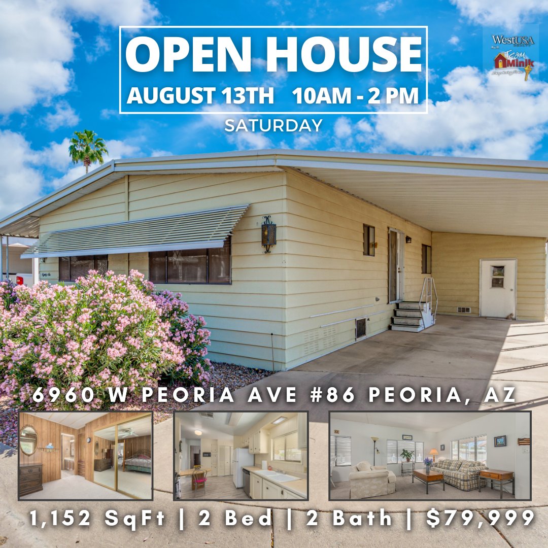 MichelleMinik's tweet photo. 6960 W Peoria Ave #86 Peoria, AZ 85345
Open House this Saturday 
August 13,  from 10 AM - 2 PM 
$79,999 | 1,152 SqFt | 2 Bed | 2 Bath

https://t.co/9TdkbBgilD...

#peoriaz #houseforsaleinpeoria #55pluscommunity #casadelsol #teamminik #carriewilliams #mobilehome #manufacuredhome https://t.co/8FJap9z3qo