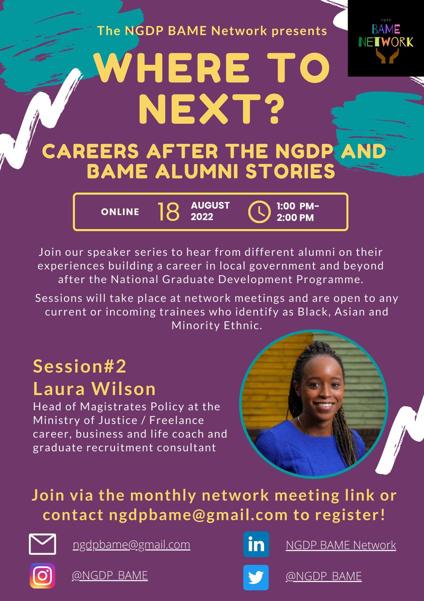NGDP_BAME's tweet photo. Join us for ‘Where to next?’ session 2 📣 Next week we’ll continue our discussion series featuring alumni from Black, Asian and Ethnic Minority backgrounds on their experiences after the #NGDP. 

Join via the monthly meeting link or contact us at ngdpbame@gmail.com! https://t.co/sW09cLzmjb