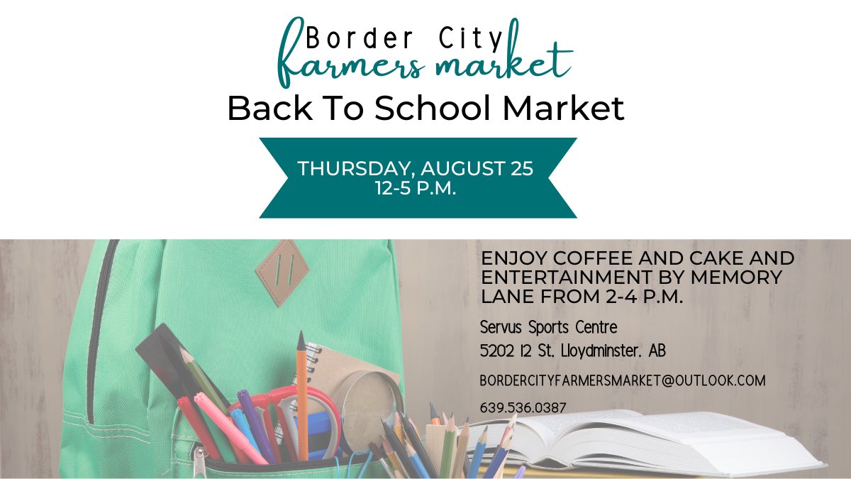 lloydBCFMI's tweet photo. Mark your calendars for our Back to School Market on Thursday, August 25! The market runs from 12-5 p.m. and we will have coffee and cake and entertainment from 2-4 p.m. We are excited to see you there!

 #bordercityfarmersmarket #supportlocal #thinklloydfirst #lloydchamber1 #yll https://t.co/jPlm5QPxBc