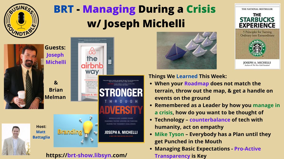 Management of a #Business during a Crisis 
w/ Joseph #Michelli  <a href="/josephmichelli/">Joseph Michelli, Ph.D.</a> 

Mike #Tyson – Everybody has a Plan until they get Punched in the Mouth

#BRTPod

Let's Start 🧵