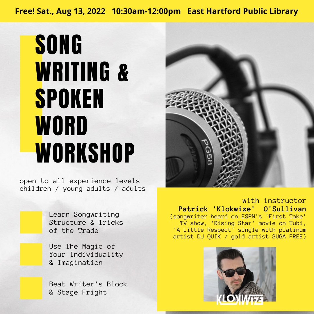Klokwize's tweet photo. Itβs been an awesome summer so far and Iβm excited to host this tomorrow with #EastHartford Public Library! Free songwriting workshop, come hang out and express yourself ππΆ 10:30am-12pm #wizeworld https://t.co/5phbV2n0ON