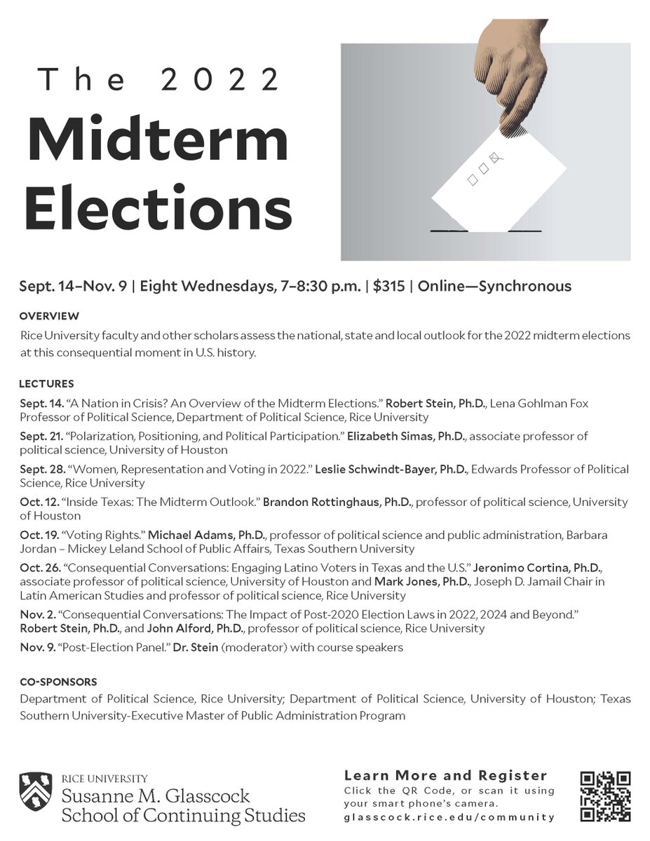 Interested in how scholars think about the 2022 midterm elections? Join @RiceUniversity @GlasscockSchool #ricecontinuingstudies for a short, non-credit course, delivered online. For details: bit.ly/3P9gvqd