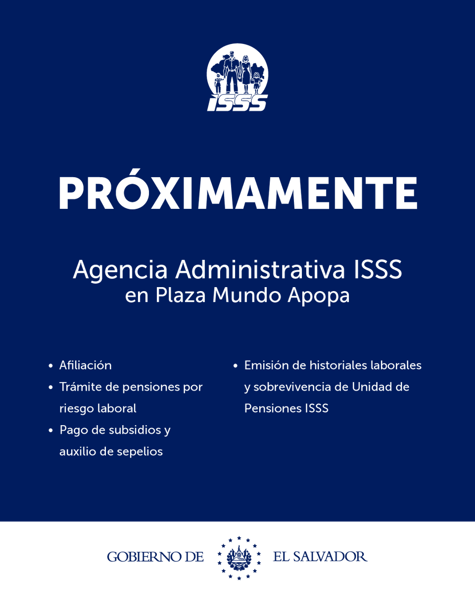 isss_gob_sv's tweet photo. Muy pronto podrás realizar estos trámites en la agencia administrativa que habilitaremos en el centro comercial Plaza Mundo Apopa 🏢: https://t.co/3KvUJfBQUB