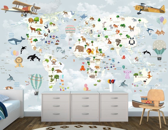 Kids Room Decoration World Map with Animals etsy.me/2Q0uHJi #kidsroomdecoration #worldmapanimals #childrenwallpaper #kidswallpaper @etsymktgtool
