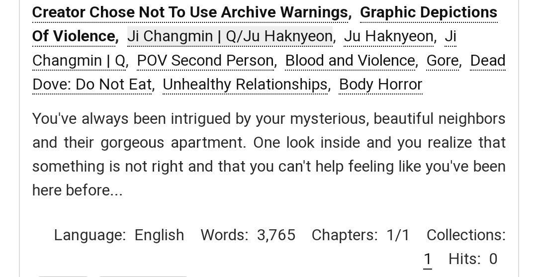 What you call love baby I call hell

🩸KyuHak
🩸NR, 3.7k
🩸Tfw your neighbors get off on stabbing each other in front of someone else (so dead dove), gore and violence (and a little pinch of love)
🩸For <a href="/haknyeonficfest/">Haknyeon Fest 🍊 Loading...</a>
 
archiveofourown.org/works/39175284