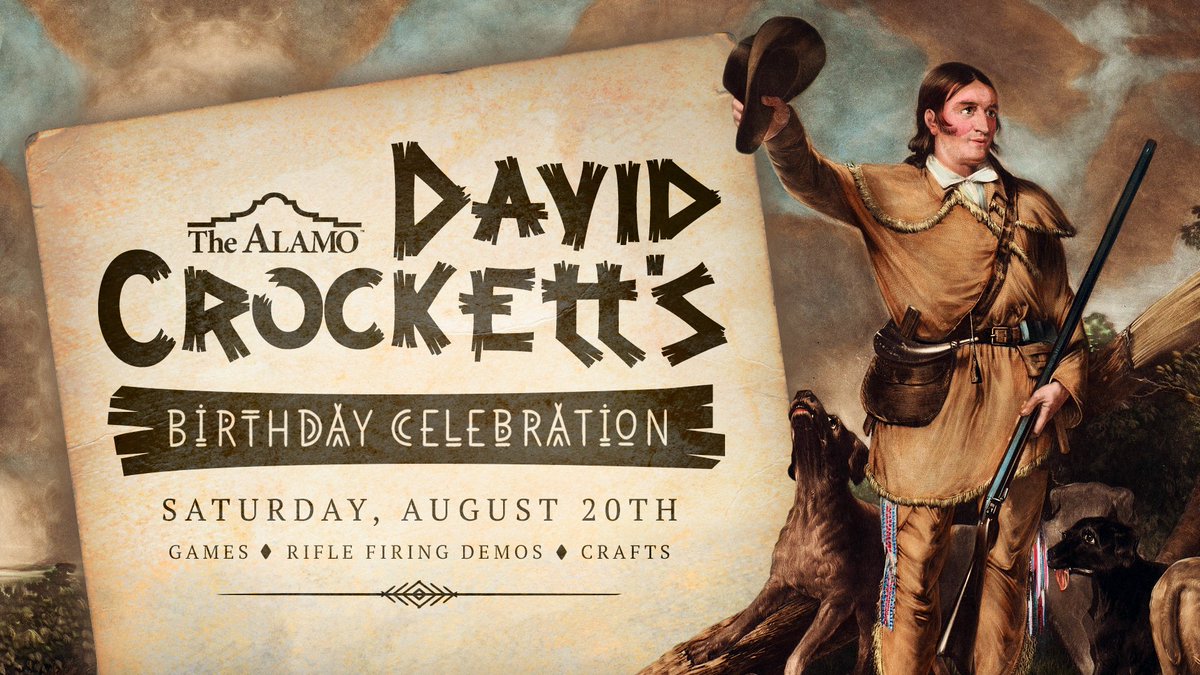 OfficialAlamo's tweet photo. Come celebrate the famous Tennessean who made his last stand at the Alamo! David Crockett’s life and sacrifice have inspired history-lovers around the world to learn about the Alamo. Join us at this free event on the Alamo Grounds as we celebrate the Lion of the West 🤠 https://t.co/v6Z5aIDfNT