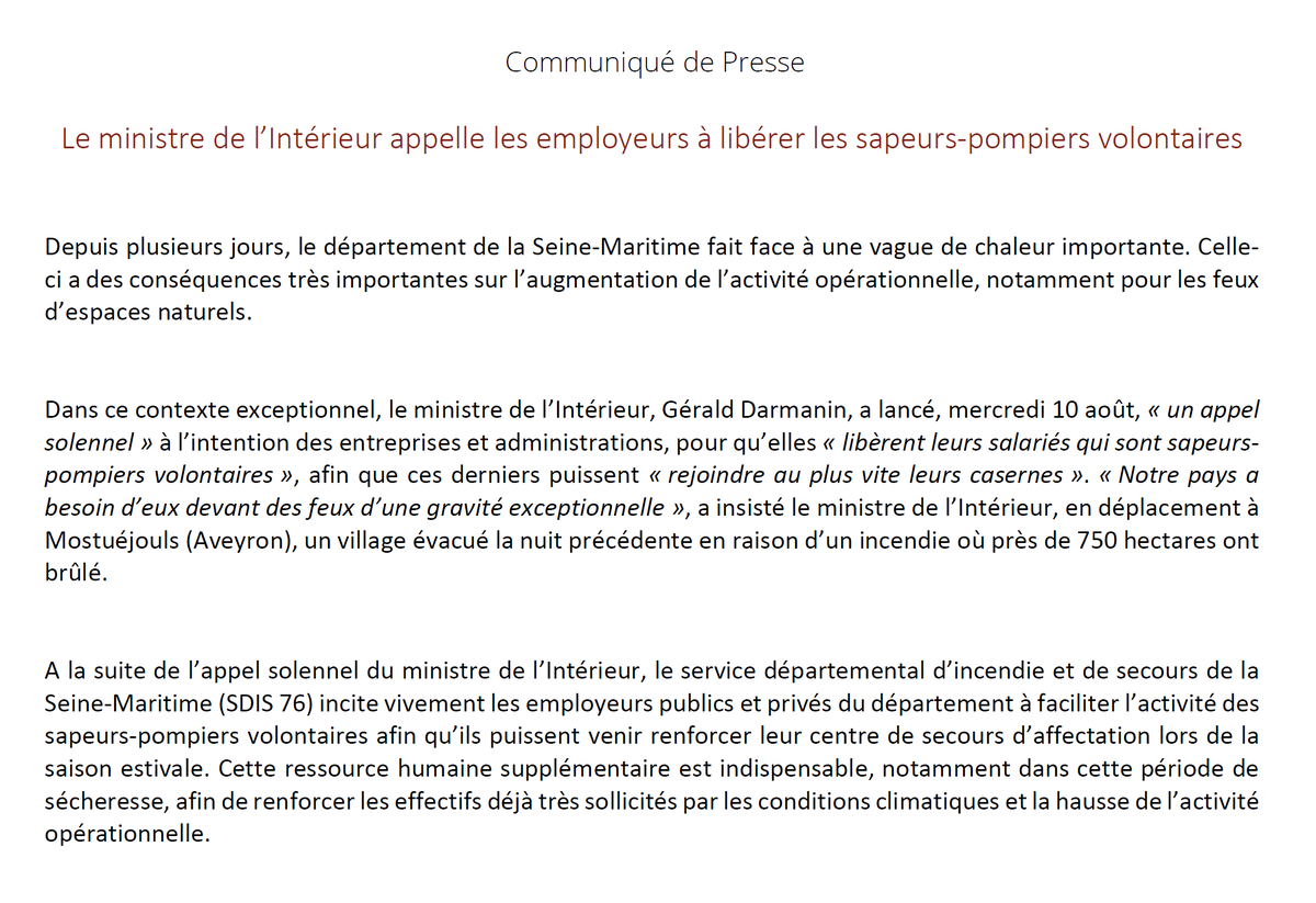 📣 #Communiqué 

Appel aux entreprises et aux administrations à faciliter l’activité des sapeurs-pompiers volontaires afin qu’ils puissent venir renforcer leurs centres de secours d’affectation lors de la saison estivale.