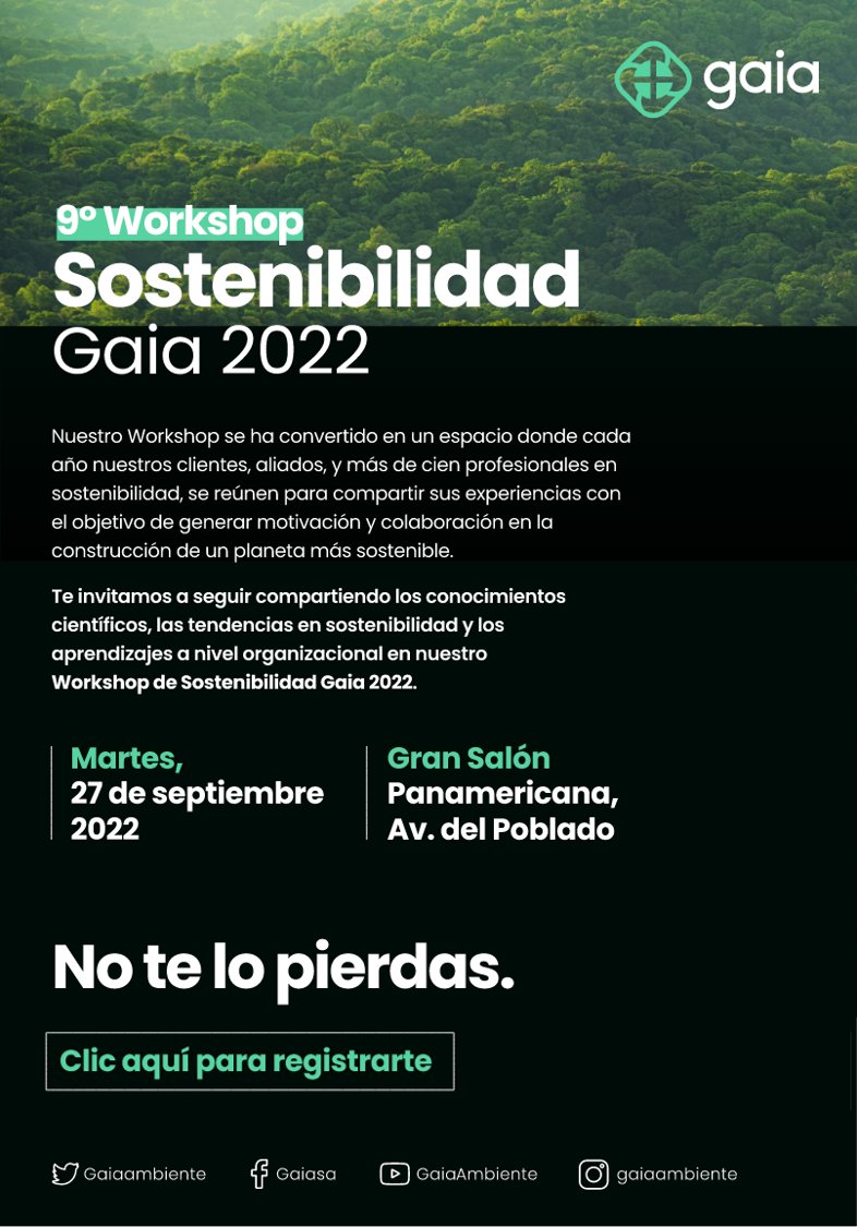 GaiaAmbiente's tweet photo. Te invitamos a seguir compartiendo los conocimientos científicos, las tendencias y aprendizajes en sostenibilidad a nivel organizacional en nuestro Workshop de Sostenibilidad Gaia. Separa la fecha y asiste de manera presencial o virtual.

Inscríbete https://t.co/jeIN6PP2Cz https://t.co/GHeQbYM7cx
