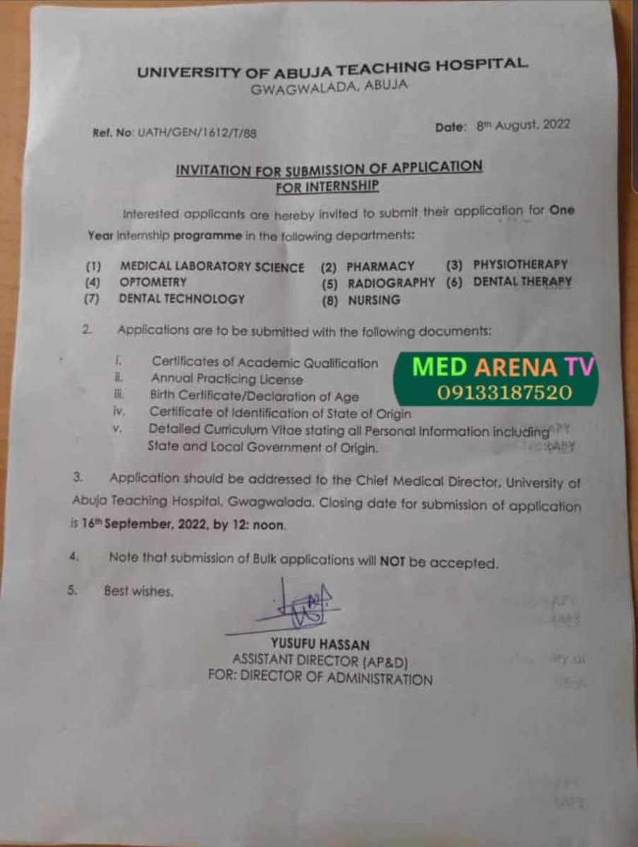 Medarenatv1's tweet photo. University of Abuja Teaching Hospital, Gwagwalada invites interested applicants to submit application for one year programme in the departments mentioned below.
#Medical
#internship
#UATH https://t.co/u7l8sPeEDO