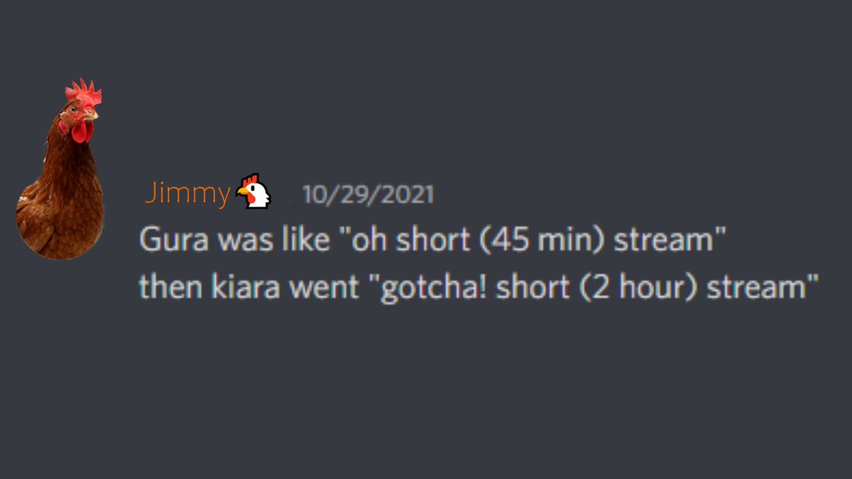 Need people to talk to during those 'short' multi hour Kiara streams? Come to the KFP Discord to find like minded chickens!