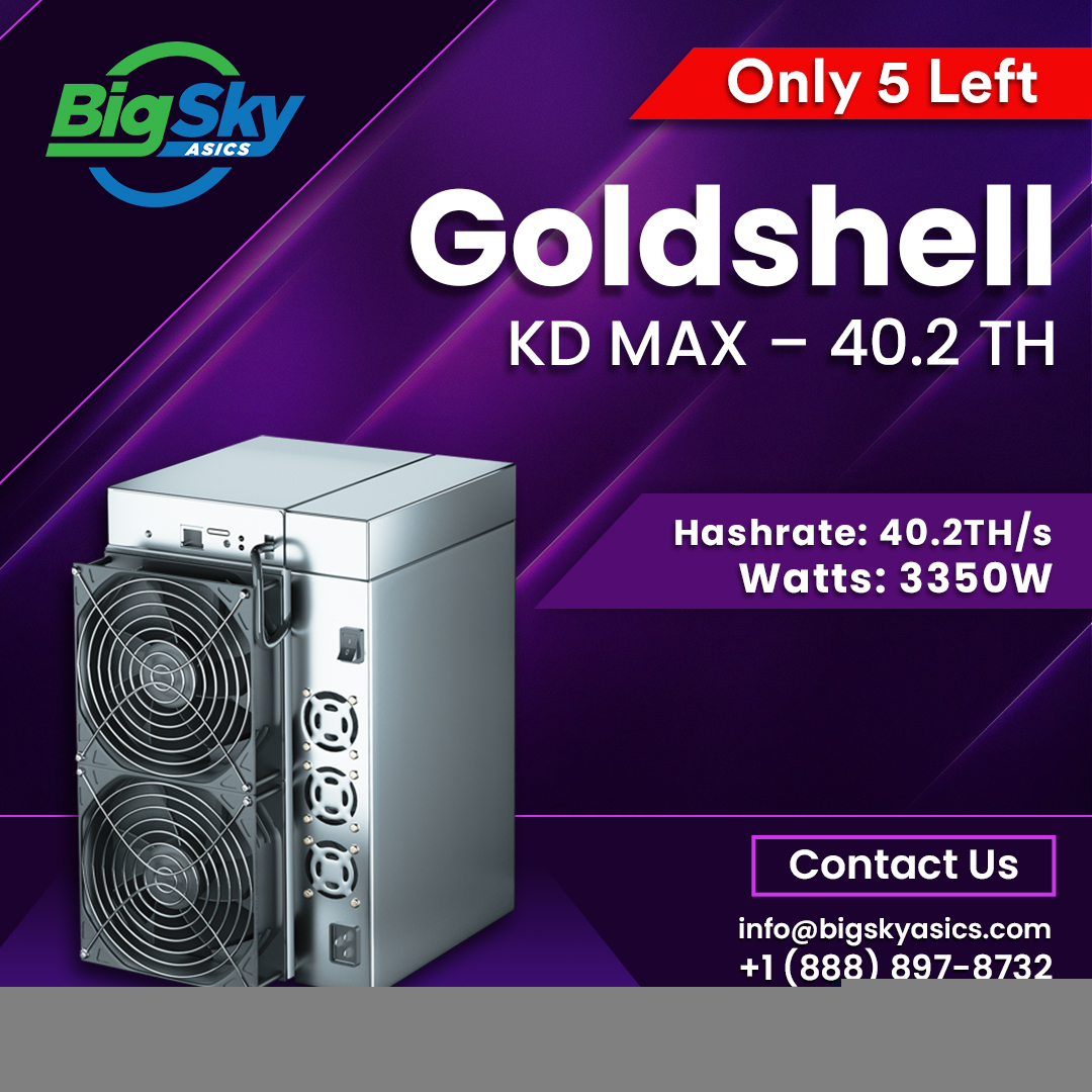 bigskyasics's tweet photo. Goldshell is about to halt production for KD Max
Therefore, BigSkyAsics is here to provide you with the chunk of the last batch. 
It have power consumption of 3350W and increased hashrate to 40.2Th/s. 
Hurry up! Only 5 left in stock.
https://t.co/c9IpGwj1EQ
#kdmax #Crypto https://t.co/j0FdIlPp3O