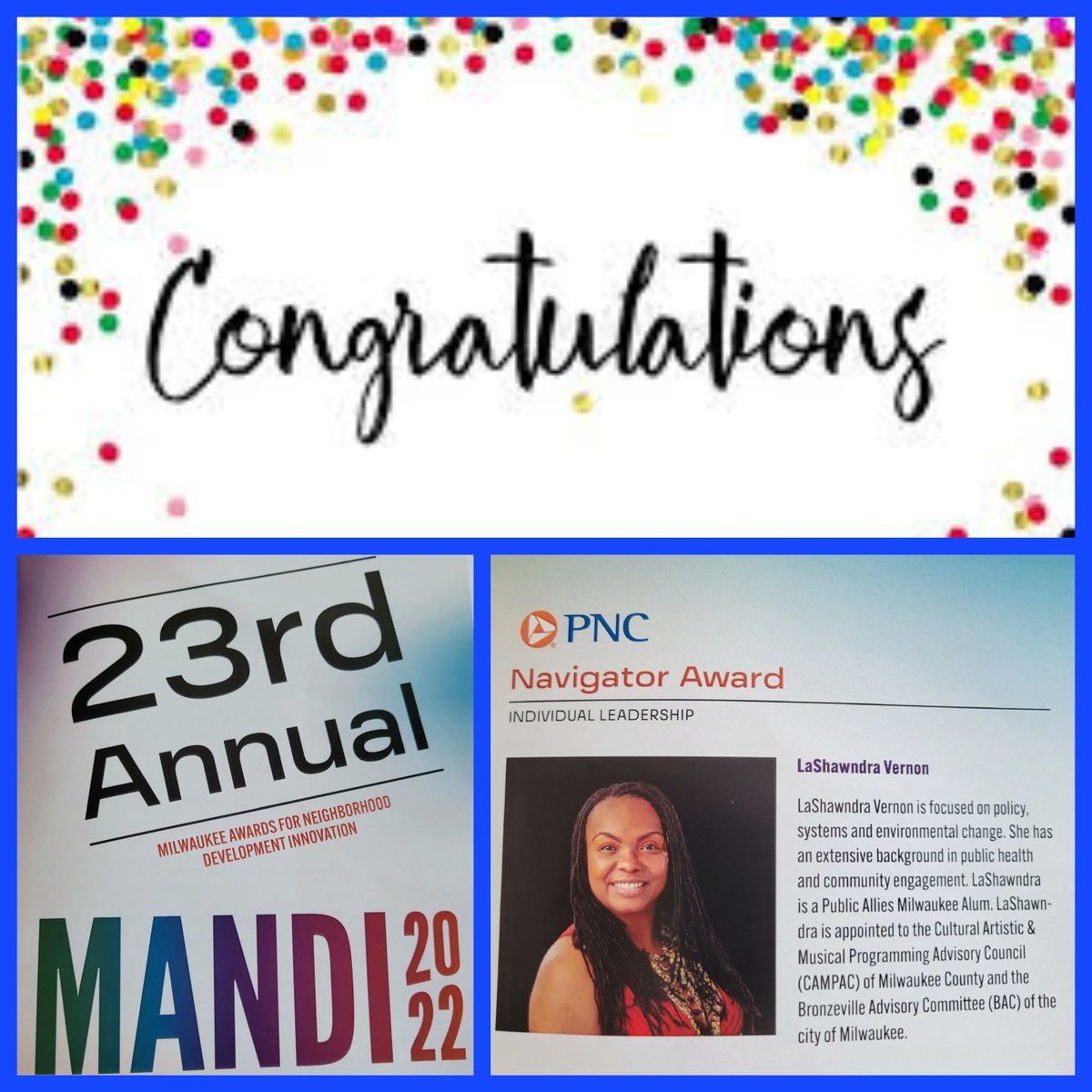 AWE_Art4Kids's tweet photo. AWE would like to congratulate our Executive Director LaShawndra Vernon for receiving the prestigious 2022 @lisc_milwaukee @PNC Navigator Last night. https://t.co/OCQf6SCmcG
