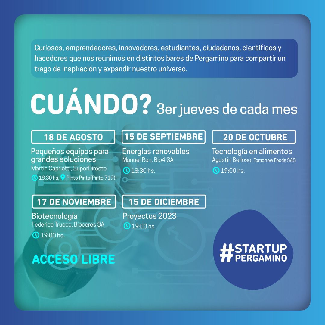 #StartupPergamino Pequeños equipos para grandes soluciones:
Este jueves 18 de agosto te invitamos a escucharlo y compartir con Martín Caprotti, emprendedor y fundador de SuperDirecto
📍Pinto Pinta (Pinto 719), Pergamino
⌚️18:00 hs
✅️ Acceso libre