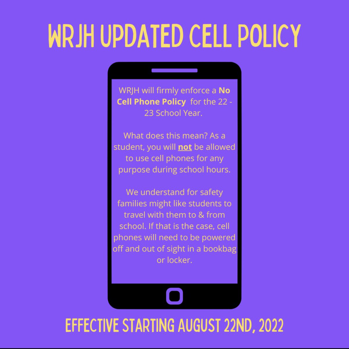 Our focus this year is on student learning and creating the best environment possible that is free of disruptions and peer conflicts. Our hope is our updated cell phone policy will help with this. 💜💛