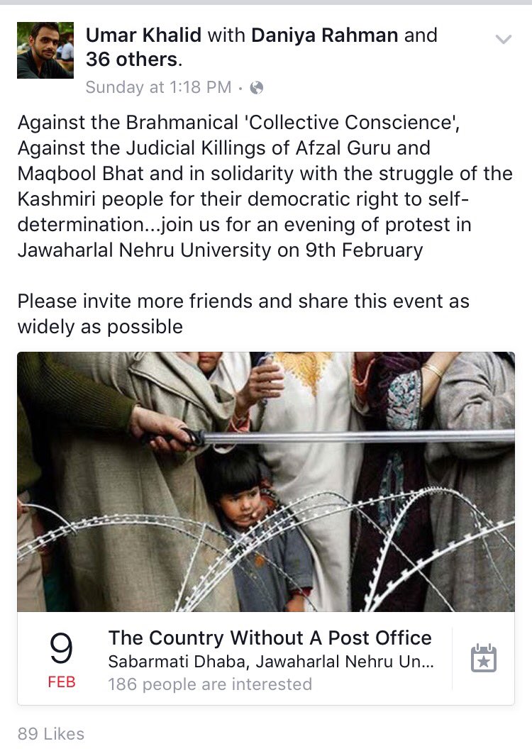 AskAnshul's tweet photo. 6) Here are some more posts from Umar Khalid's old (deleted) Facebook account.

Umar Khalid announced about the protests to support Kashmir azadi, terrorist Afzal Guru, terrorist Maqbool Bhat. https://t.co/6rAIHGrxDq