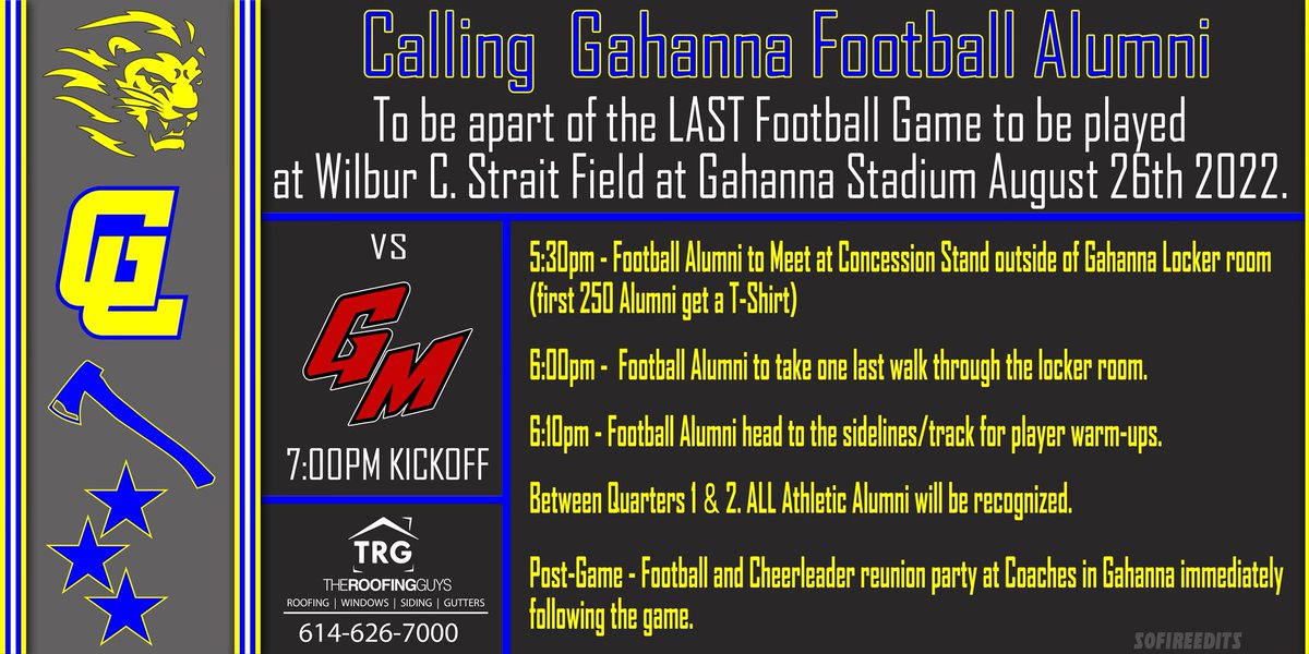 gahannafootball's tweet photo. Calling all former and future players to celebrate the last game in Our stadium!  Love to see as many alumni as we can!  #WeAreLions https://t.co/9A7ysEC0UY