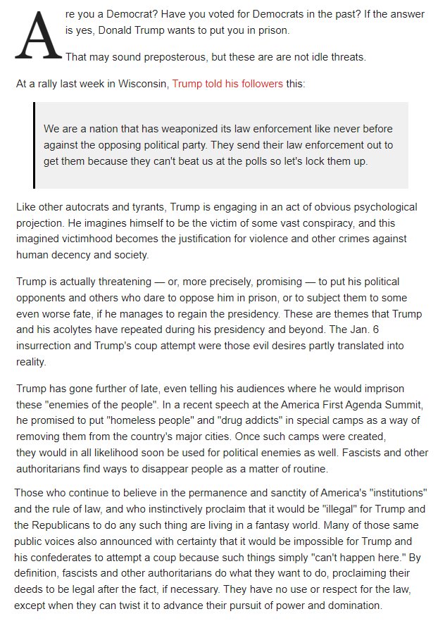 chaunceydevega's tweet photo. Donald Trump is not a tyrant in waiting. He is here. Believe his threats. Authoritarians and other demagogues tell you what they are going to do and then do it. Trump is announcing that he will criminalize dissent and any opposition to his 2nd regime.

https://t.co/4NI0YmRQpf https://t.co/KyiaDFXfdk