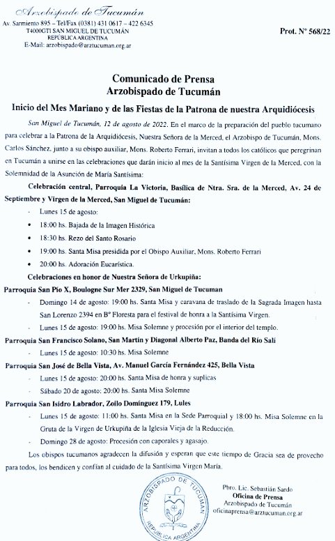 TucumanArz's tweet photo. Comunicado de prensa.
*Bajada de la Imagen Histórica de la Virgen de la Merced.
*Celebraciones en honor de Nuestra Señora de Urkupiña. https://t.co/cAfJ7SrTyt