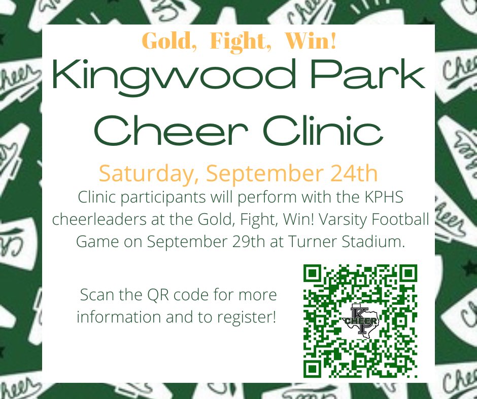 kpark_cheer's tweet photo. Join PARK cheer at our Gold, Fight, Win! clinic and game. Scan the QR code for more information. @HumbleISD_KPHS @kmscougarcheer @cmscoltscheer @HumbleISD_WHE @HumbleISD_EGE @HumbleISD_BBE @KPARKmedia @HumbleISD https://t.co/Qm4XAJ9g6I