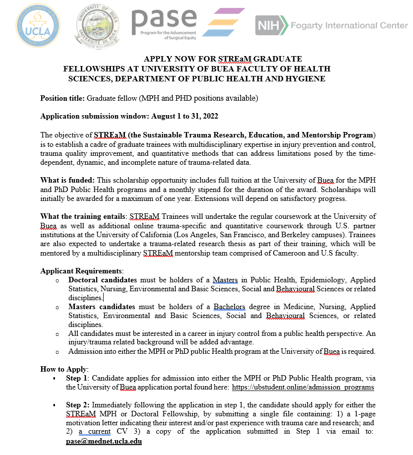 Program for the Advancement of Surgical Equity (@pase_ucla) on Twitter photo Please help get the word out about this amazing scholarship for Cameroonian students interested in public health, surgery, and trauma. Check out the STREaM Fellowship! Full tuition for an MPH or PhD in Public Health from <a href="/UBuea/">University of Buea</a> in collaboration with <a href="/UCLA/">UCLA</a>. uclahealth.org/departments/su… Please help get the word out about this amazing scholarship for Cameroonian students interested in public health, surgery, and trauma. Check out the STREaM Fellowship! Full tuition for an MPH or PhD in Public Health from <a href="/UBuea/">University of Buea</a> in collaboration with <a href="/UCLA/">UCLA</a>. uclahealth.org/departments/su…