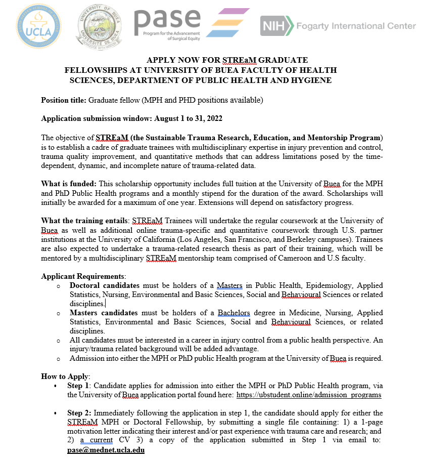 Please help get the word out about this amazing scholarship for Cameroonian students interested in public health, surgery, and trauma. Check out the STREaM Fellowship! Full tuition for an MPH or PhD in Public Health from @UBuea in collaboration with @UCLA. uclahealth.org/departments/su…