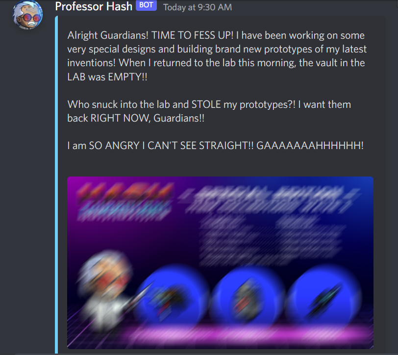 HashGuardians's tweet image. Just woke up to this in our discord this morning... 

Which one of you #NFT degens stole the Professor&apos;s prototype items?!  🥷🕵️‍♀️🤣

#Cardano #ADA #CNFT #HashGuardians