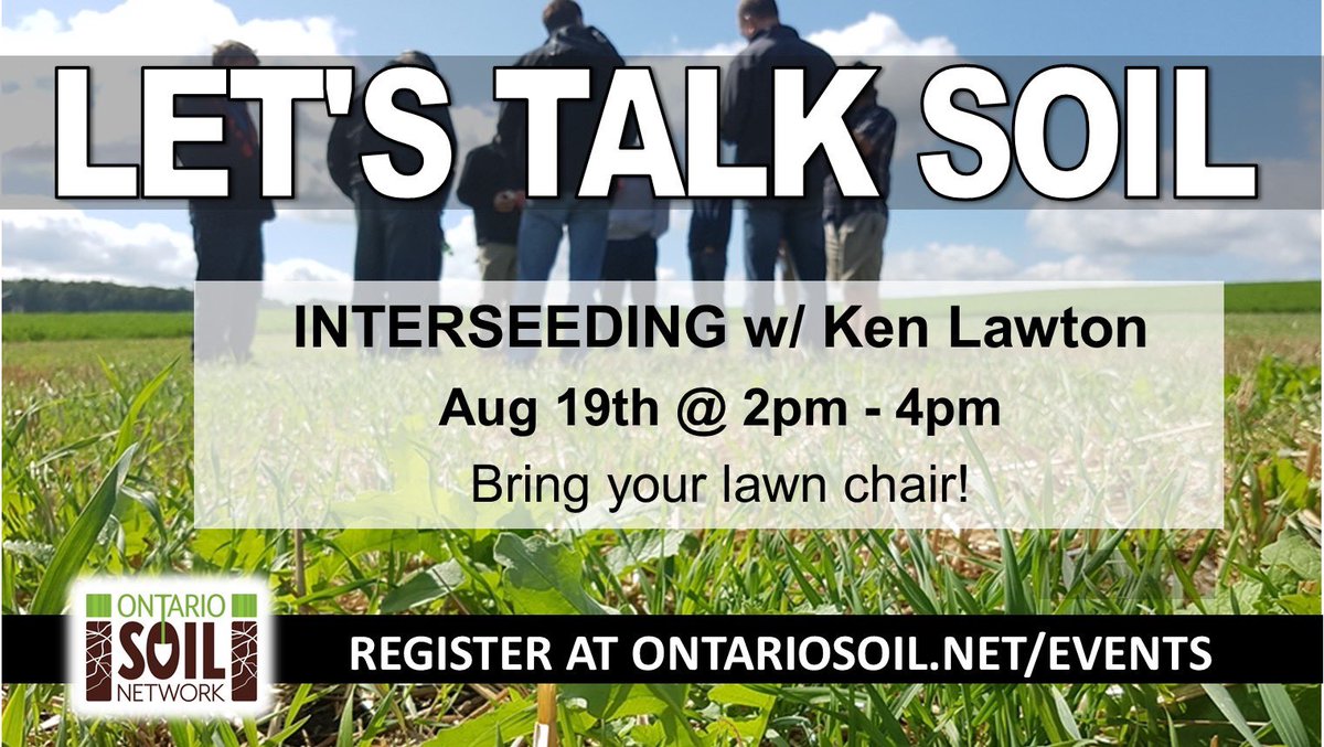 Let's Talk Soil.  Demo plot tour with cover interseeded into corn. Also, pesticide free, biological only seed treatment demo plot, biostimulant demo plot.  Soil talk and refreshments after. Plz bring folding chair. Fri, Aug 19th, 2 to 4 pm, 11487 Boundary Line Kent Bridge Ont.