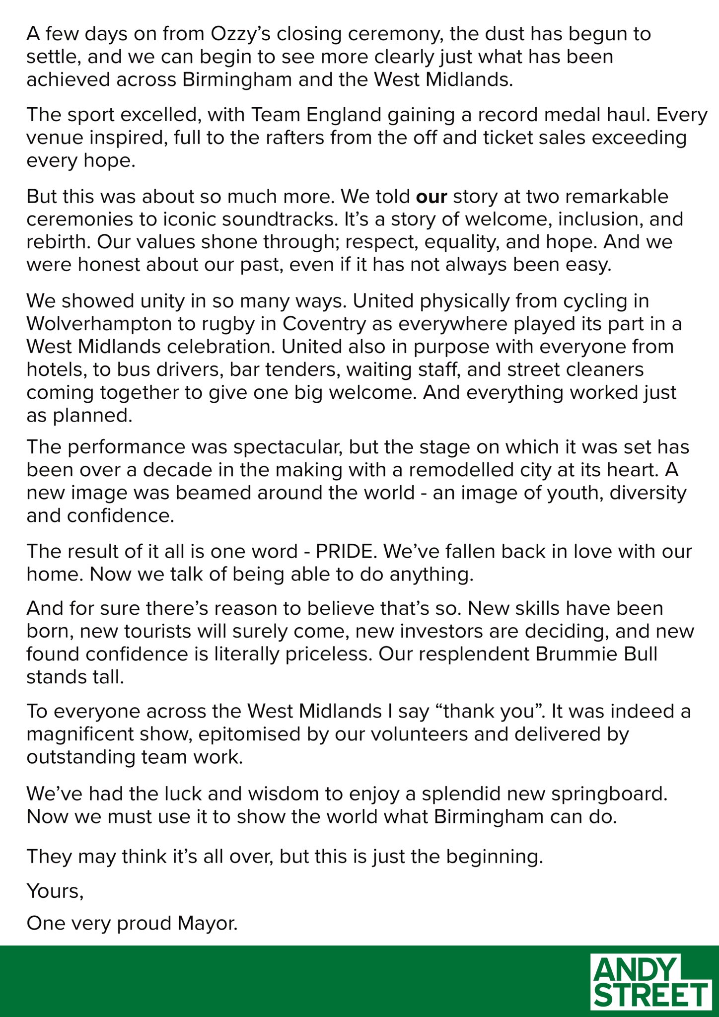 Andy Street on X: I've never felt prouder to be from the West Midlands. To  everyone who has made the past two weeks so incredibly special, THANK YOU.   / X