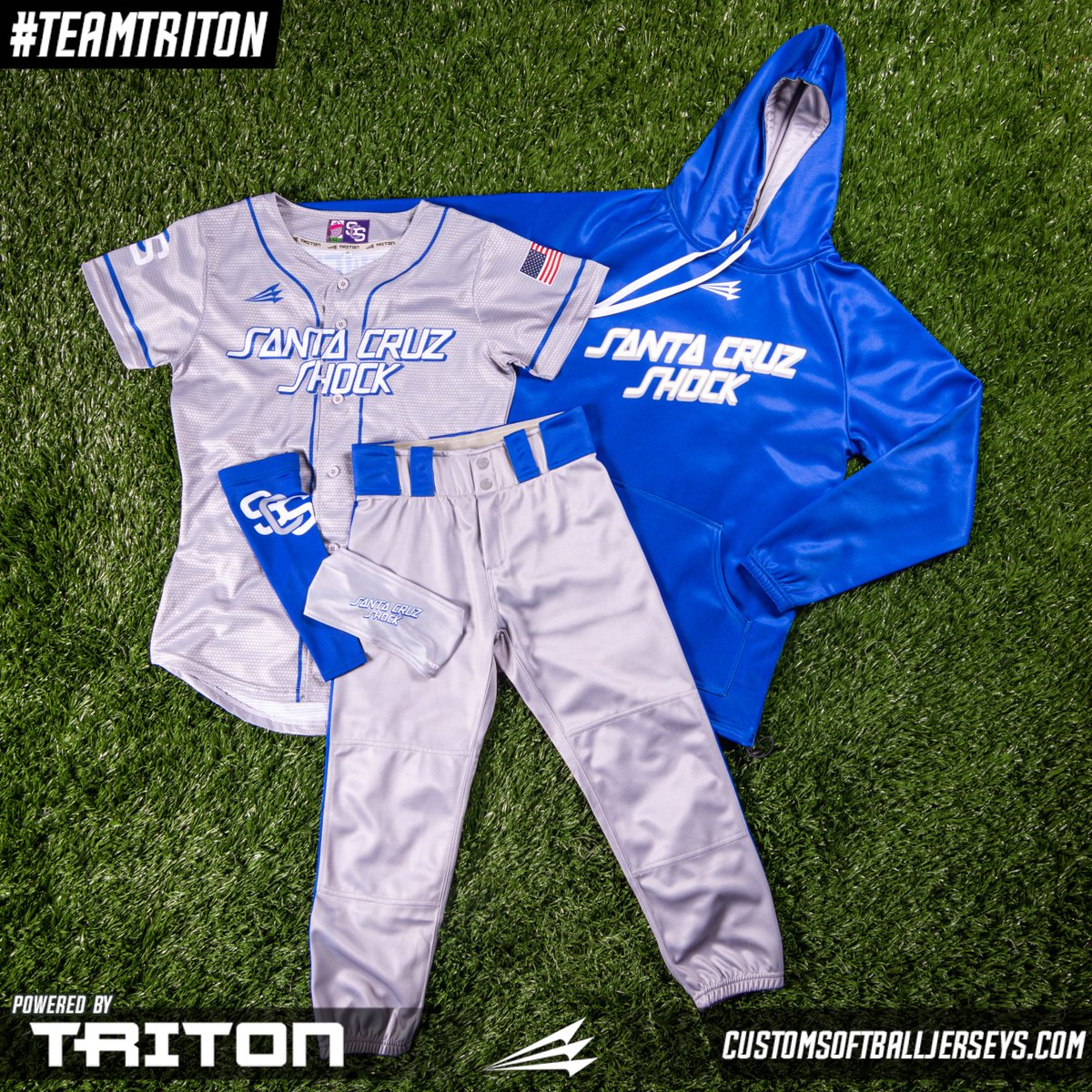 CustomSoftball's tweet photo. Find a #Triton Package Deal or request a custom quote to get your team outfitted in the best for the best value. https://t.co/Ds8CsnJH8Q

👥   California’s Santa Cruz Shock
🏆   Custom uniform, arm sleeve, headband, Vulcan Hoodie

#teamtriton #softballjerseys #softballuniforms https://t.co/4yCuqG40kP