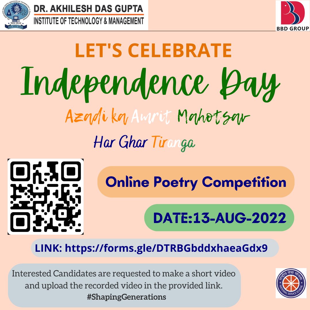 NSS_ADGITM's tweet image. Azadi ka Amrit Mahotsav: &quot;Har Ghar Tiranga&quot;
To mark the 75 years  of Independence Day 
👉Registration Link : forms.gle/DTRBGbddxhaeaG… 

Date - 13th Aug ,2022
Time: Send your entries before 4 pm
Mode - Online
#IconicWeek 
#NSS 
#AzadiKaAmritMahotsav