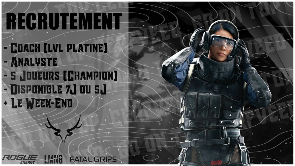 Bonjour joueurs, nous cherchons les élément suivant !

Majeur only !

See you soon, 

Go on top ,Cerfveed

#Recrutement #RainbowSixSiege #cerfveed #goontop