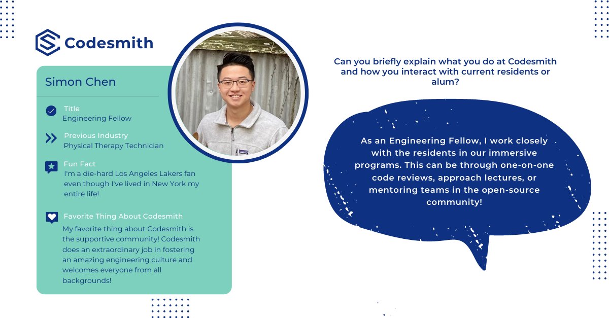 codesmith_'s tweet image. Feature Friday: Meet #Codesmith&apos;s Simon Chen! Former physical therapy technician, he now works closely with our residents as he conducts code reviews, teaches approach lectures and more!  

Learn some fun facts about him below!

#100daysofcode #Programmer #JavaScript