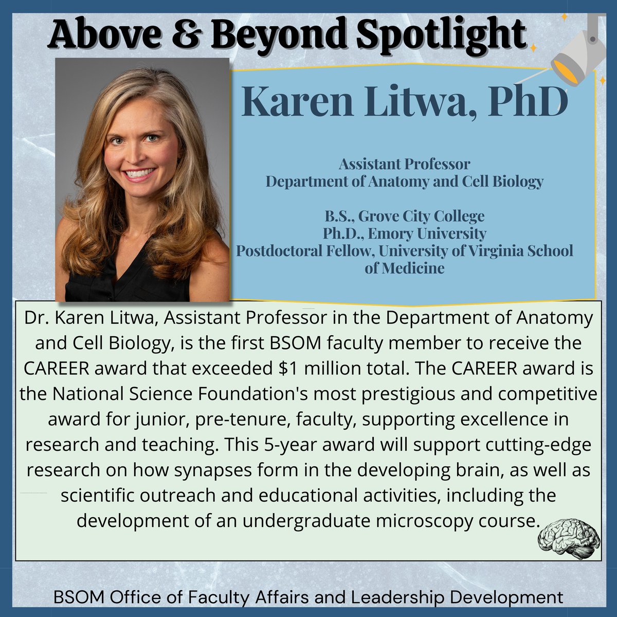 This month's OFALD Above and Beyond Spotlight is <a href="/ECUBrodySOM/">ECU Brody School of Medicine</a> 's Dr. Karen Litwa <a href="/Brain_Maker/">Karen Litwa</a>. We #ARRRGH so thankful for her dedication to research and education <a href="/EastCarolina/">ECU</a>!