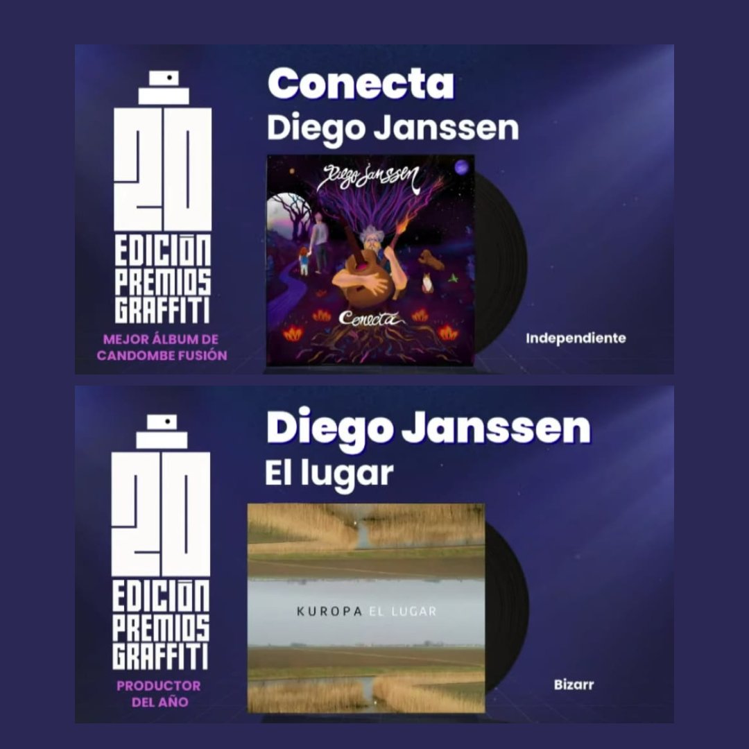 El 2021 fué de mucho arte + trabajo y llegan 2 reconocimientos como artista y productor con nominaciones a los @premiosgraffiti 
𝐂𝐎𝐍𝐄𝐂𝐓𝐀 (mejor disco de candombe fusión) y 
𝐄𝐋 𝐋𝐔𝐆𝐀𝐑 (mejor productor del año) de Diego Kuropatwa que además fué nominado en 5 categorías
