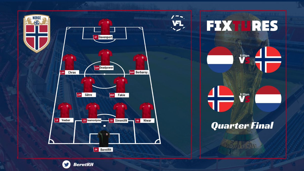 VFL NORWAY 🇳🇴 Quarter Final

Line-up for tonight games in <a href="/TheVFL_/">VFL</a> World Cup! 🏆
<a href="/NorwayNT/">Norway NT</a> M - <a href="/Kimsen96/">KiimseN</a>

Stream - twitch.tv/veeber_gg