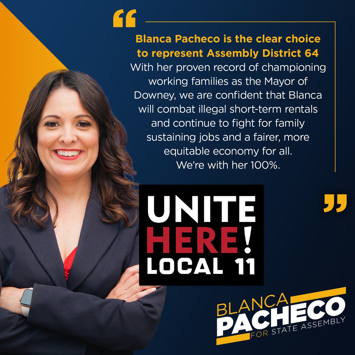 Thank you UNITE HERE! Local 11. I’m proud to have the support of working women and men and look forward to being a strong partner in the Assembly. #UniteHereLocal11