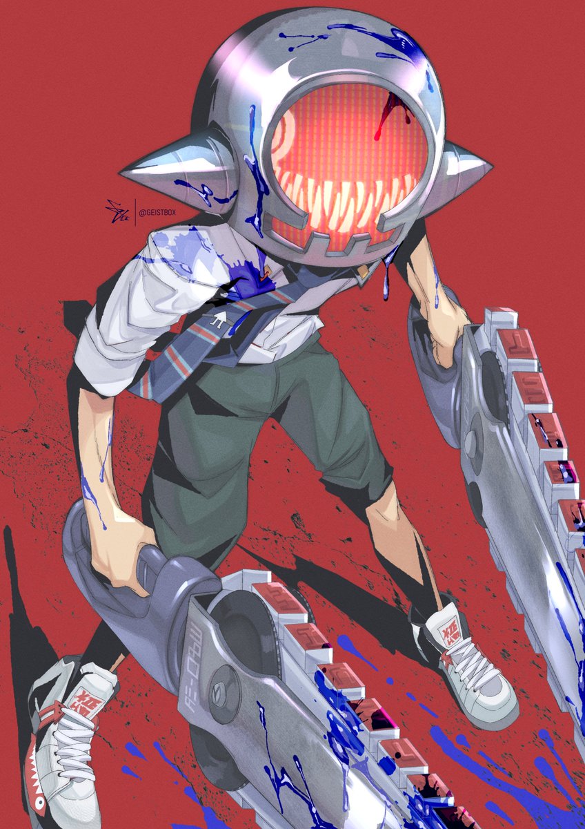 denji (chainsaw man) chainsaw red background teeth sharp teeth 1boy solo blood  illustration images
