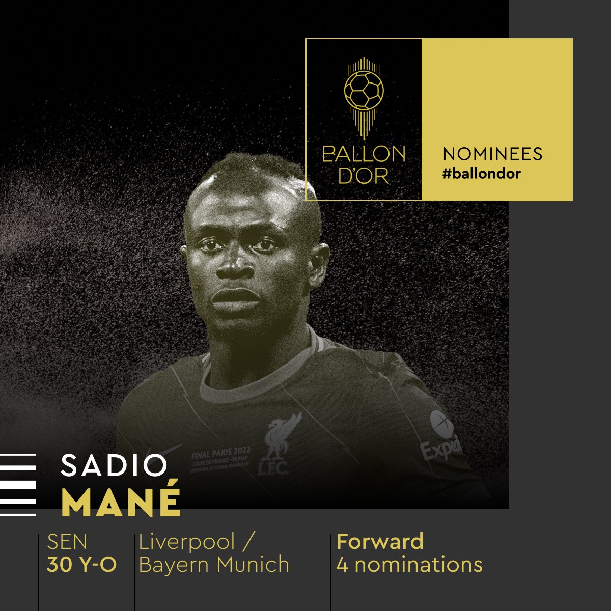 ballondor's tweet photo. Nominated for the 2022 Ballon d’Or … ✨🌕

🇸🇳 Sadio Mané
@FCBayern

#ballondor https://t.co/LIejL6cHhl