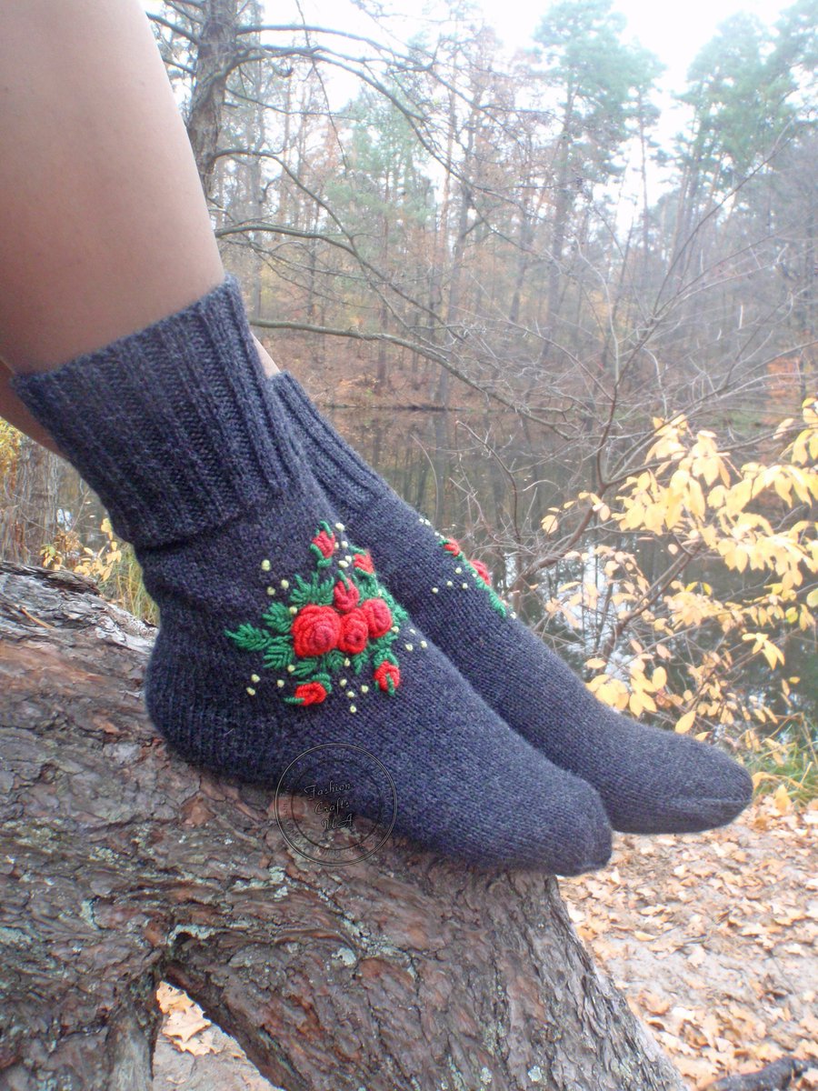 Excited to share the latest addition to my #etsy shop: Rose Embroidery Socks,Knitted Socks,Embroidered Socks,Women's Wool Socks,  etsy.me/3bRnHte #floral  #greyknittedsocks #woolsocks