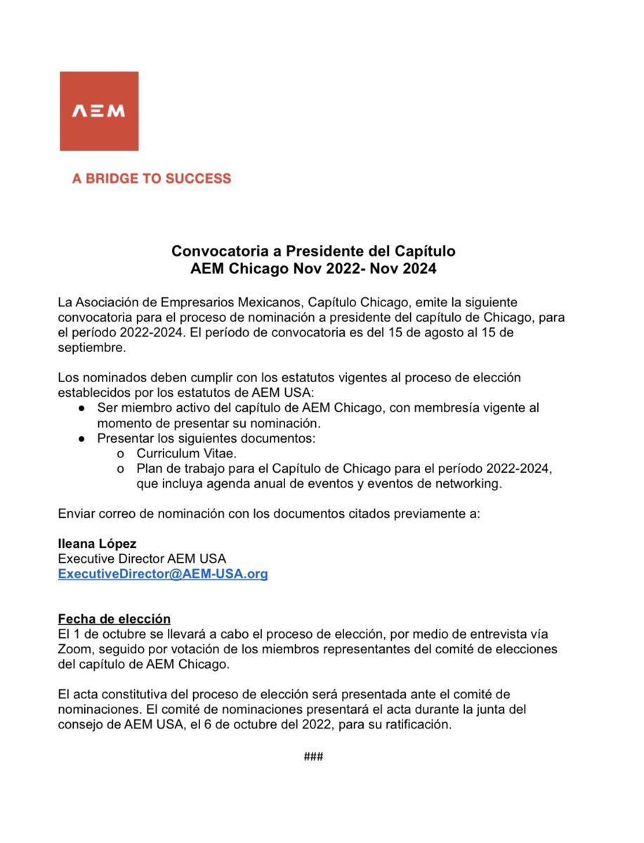 Convocatoria a Presidente del Capítulo
<a href="/AEM_Chicago/">AEM Chicago</a> Nov 2022- Nov 2024
