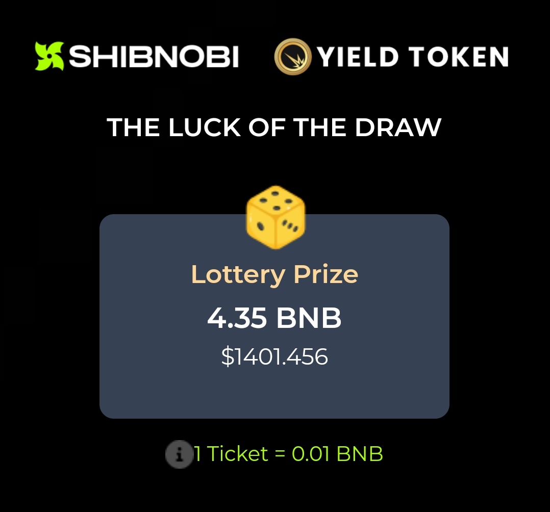 YieldTokenBSC's tweet image. #YIELDPROTOCOL X #SHIBNOBI @Shib_nobi The Luck of the Draw game is now live 🔥

4.35 BNB is the current pool to win 💰

🎟 1 ticket = 0.01bnb

Get in and win now🤑

#buycompetition #bsc #binance #highapy #Cryptocurency